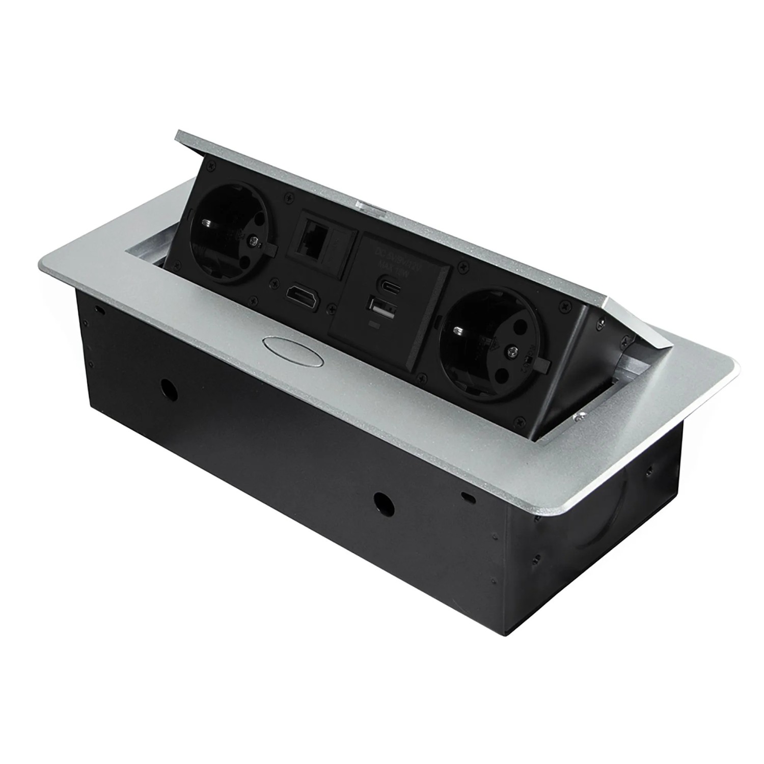 Emuca Multistecker Atom 26 225x111mm 2 Schuko-Stecker 1 USB Typ A 1 USB Typ C 1 RJ45 1 HDMI Zamak-Stahl-Kunststoff Metallic Grau