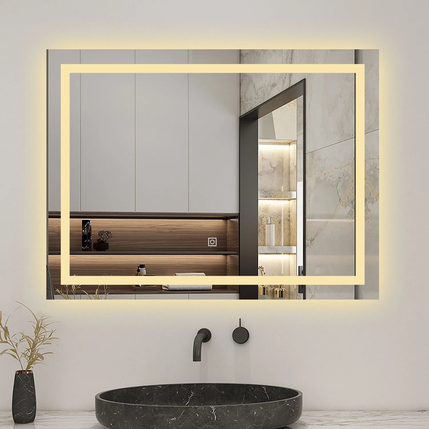 Aica Sanitär LED Badspiegel, 100x80 cm, mit dimmbarer Beleuchtung in drei Farben und Beschlagschutz.