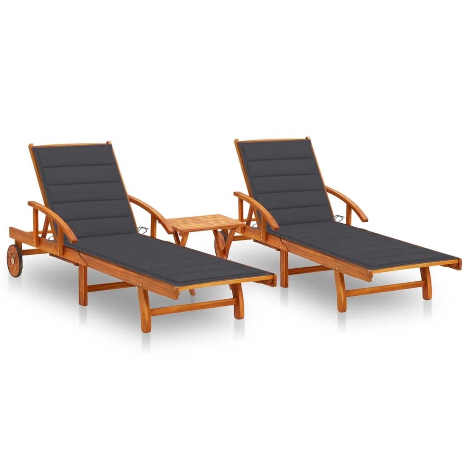 VidaXL Sonnenliegen 2 Stk. mit Tisch und Auflagen Massivholz Akazie Kissen-Farbe  Anthrazit