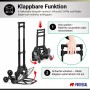 Klappbare PROREGAL ELEPHANT Treppensackkarre, schwarz. Zeigt Faltmechanismus von Griff, Schaufel & Rädern für kompakten Transport.