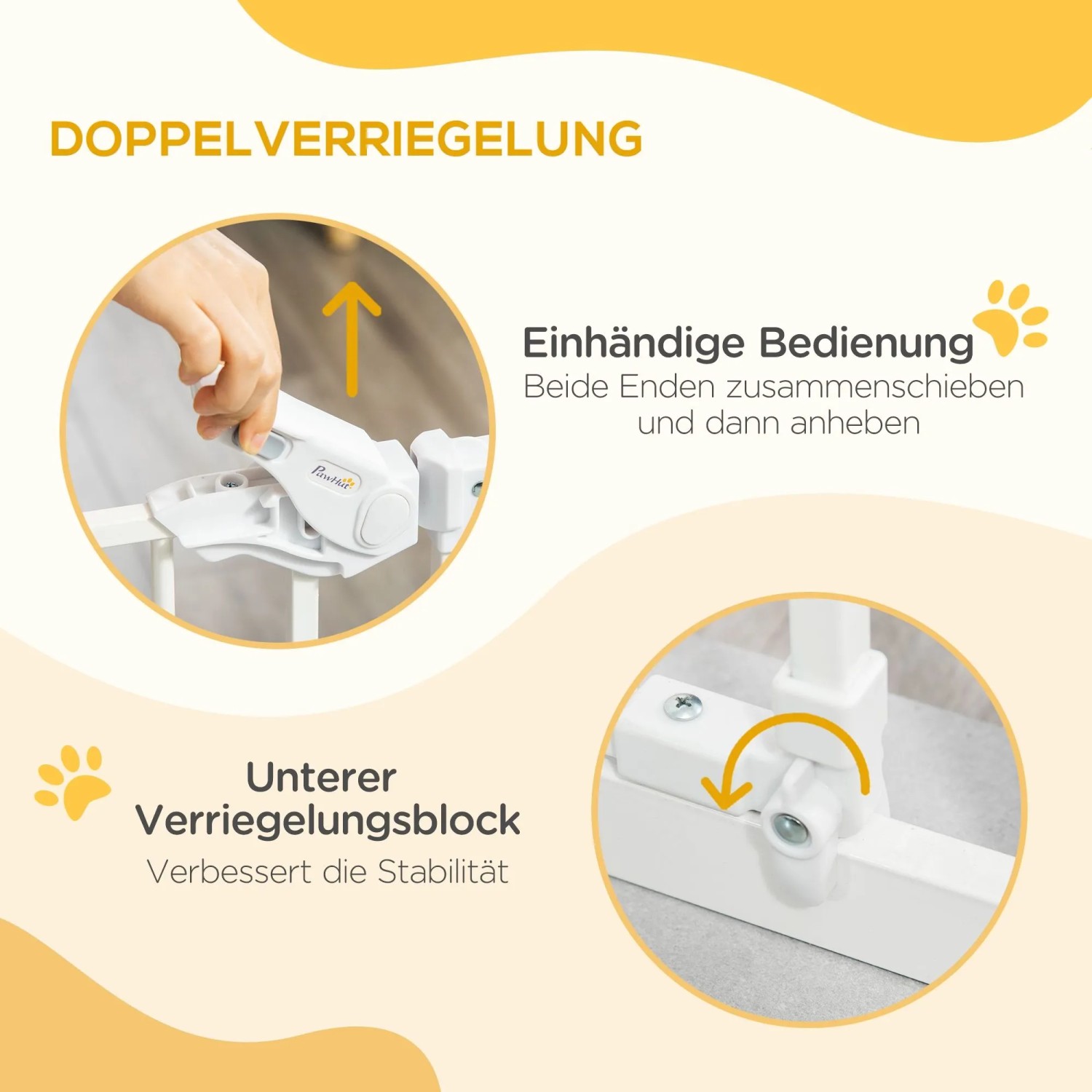 PawHut Hunde Türschutzgitter: Detail der Doppelverriegelung mit einhändiger Bedienung und unterem Verriegelungsblock.