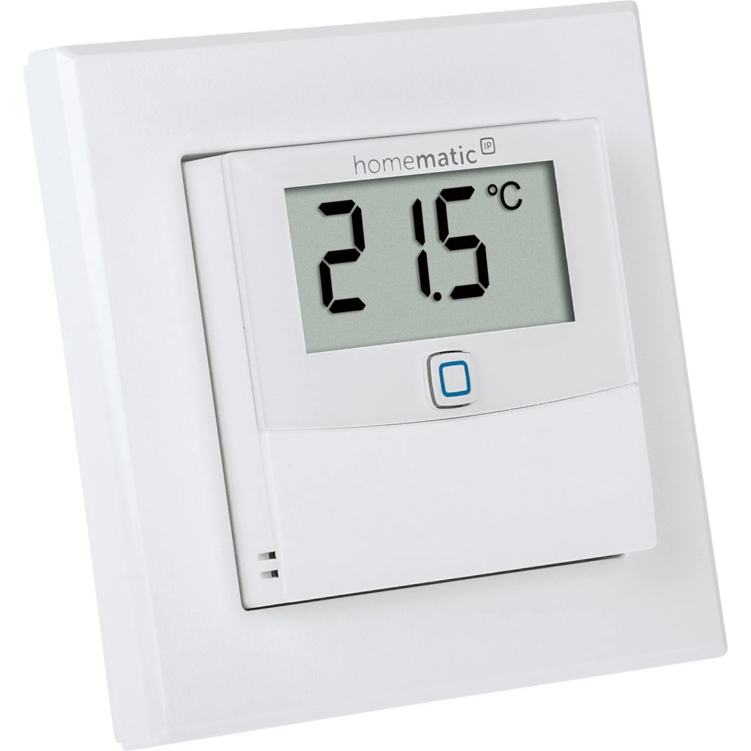Homematic IP Temperatur- und Luftfeuchtigkeitssensor mit Display, weiße Ausführung für die Hausautomation.