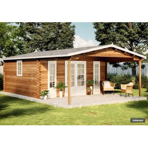 Holz-Gartenhaus Alpholz Nyborg-44 mit Schleppdach, naturbelassen, mit Doppeltür und Fenstern.