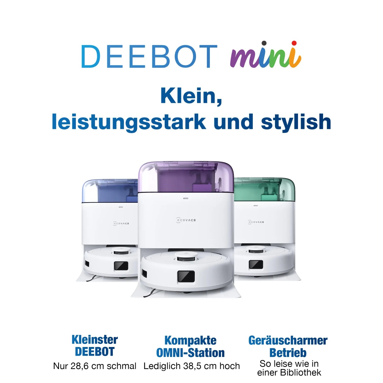 ECOVACS DEEBOT Mini Saug- und Wischroboter mit OMNI-Station in verschiedenen Farben.