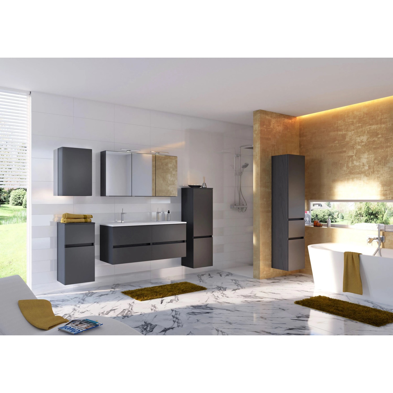 Bad-Hochschrank Verona, 40 cm, matt Grau-Graphitgrau, Teil einer Badezimmer-Einrichtung.