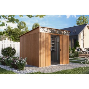 Pergart Gerätehaus Lübeck 88 in Holzoptik mit Schiebetüren und Lichtband im Garten.