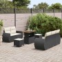 Schwarzes 8-tlg. vidaXL Garten-Sofa-Set aus Poly Rattan mit Tisch und Hockern.