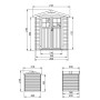 Technische Zeichnung: Timbela Holz-Gartenhaus M343F+M343G mit Maßen und Ansichten.