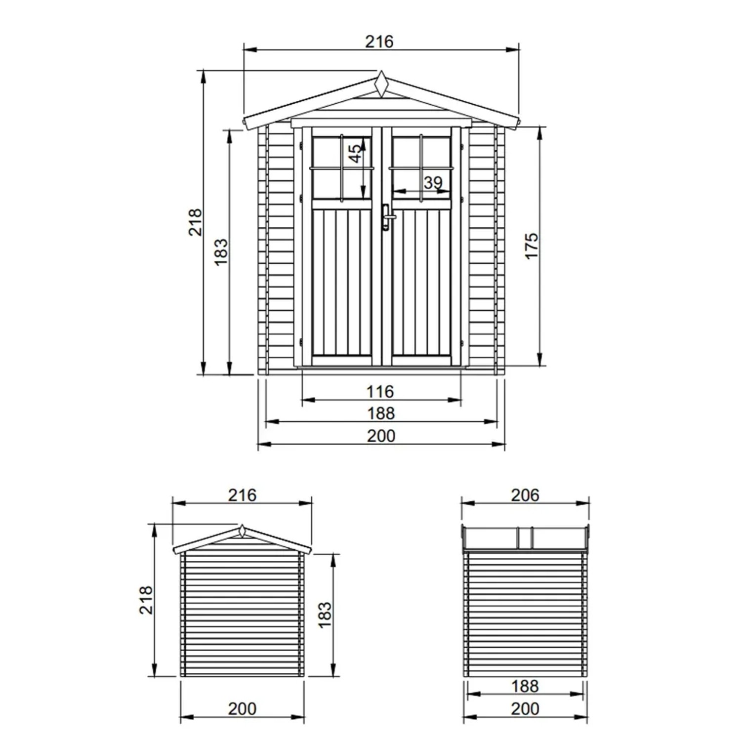 Technische Zeichnung: Timbela Holz-Gartenhaus M343F+M343G mit Maßen und Ansichten.