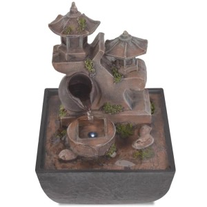VidaXL Zimmerbrunnen mit LED, Polyresin, grau-braun, mit Miniatur-Pagoden und Wasserlauf.
