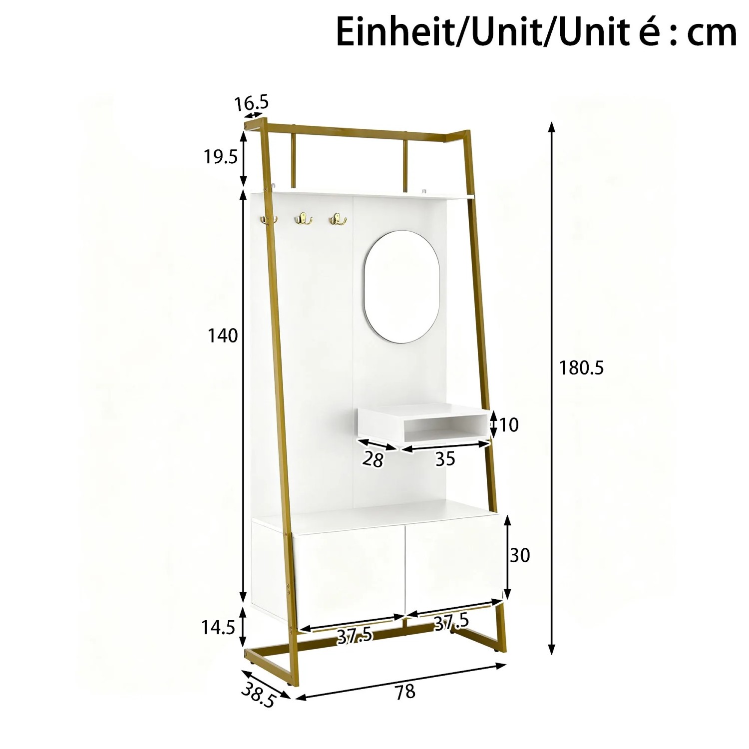 Weißes Garderoben Set mit goldenem Metallrahmen, ovalem Spiegel, Haken und Schuhschrank für den Flur.