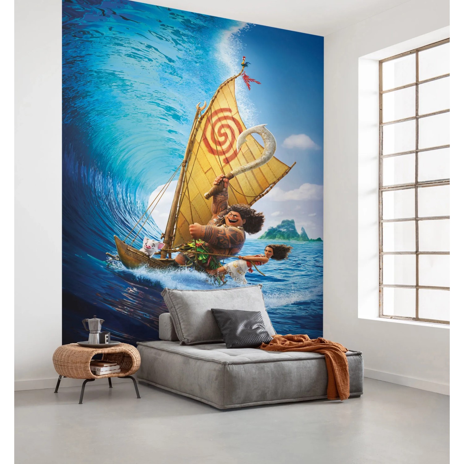 Komar Vliesfototapete Moana: Maui und Vaiana auf dem Ozean, reitend auf einer Welle.
