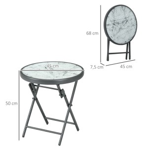 Outsunny Beistelltisch, Ø45cm, weißes Hartglas, Metallgestell, klappbar. Gartentisch für Balkon und Terrasse.