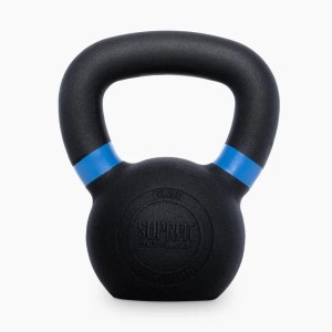 Schwarze Suprfit Elite Gusseisen Kettlebell 6 kg mit blauem Griff. Robustes Trainingsgerät für Sport & Fitness.