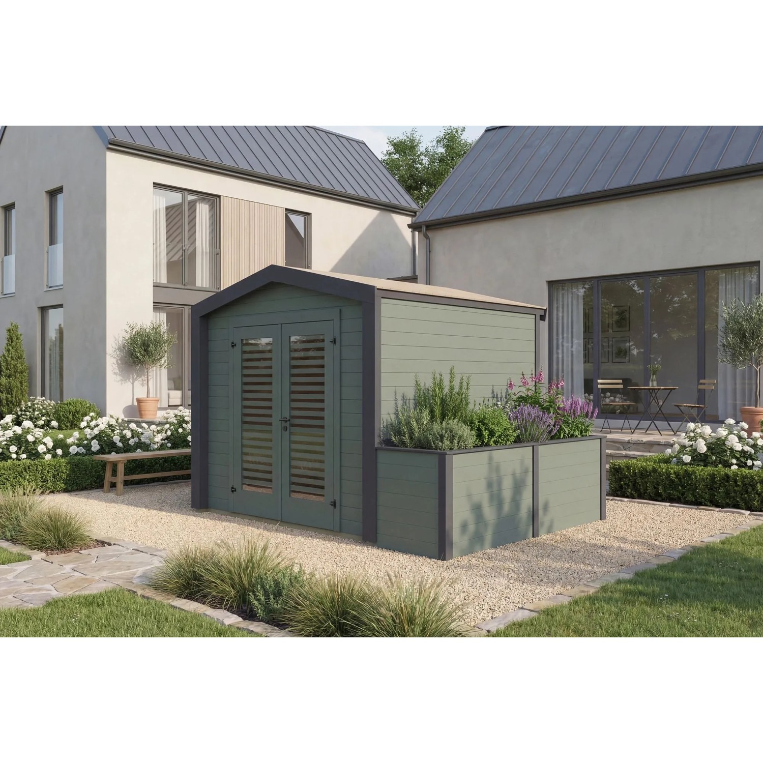 Weka Holz-Gartenhaus Killarney Satteldach Grau-Grün Lasiert 334 cm x 263 cm