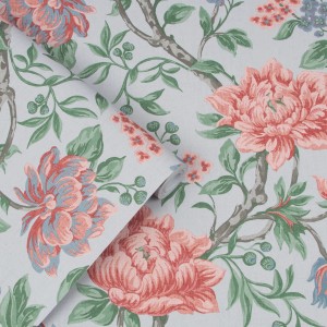 Laura Ashley Vliestapete Tapestry Floral Slate Grey mit floralem Muster in Grau.