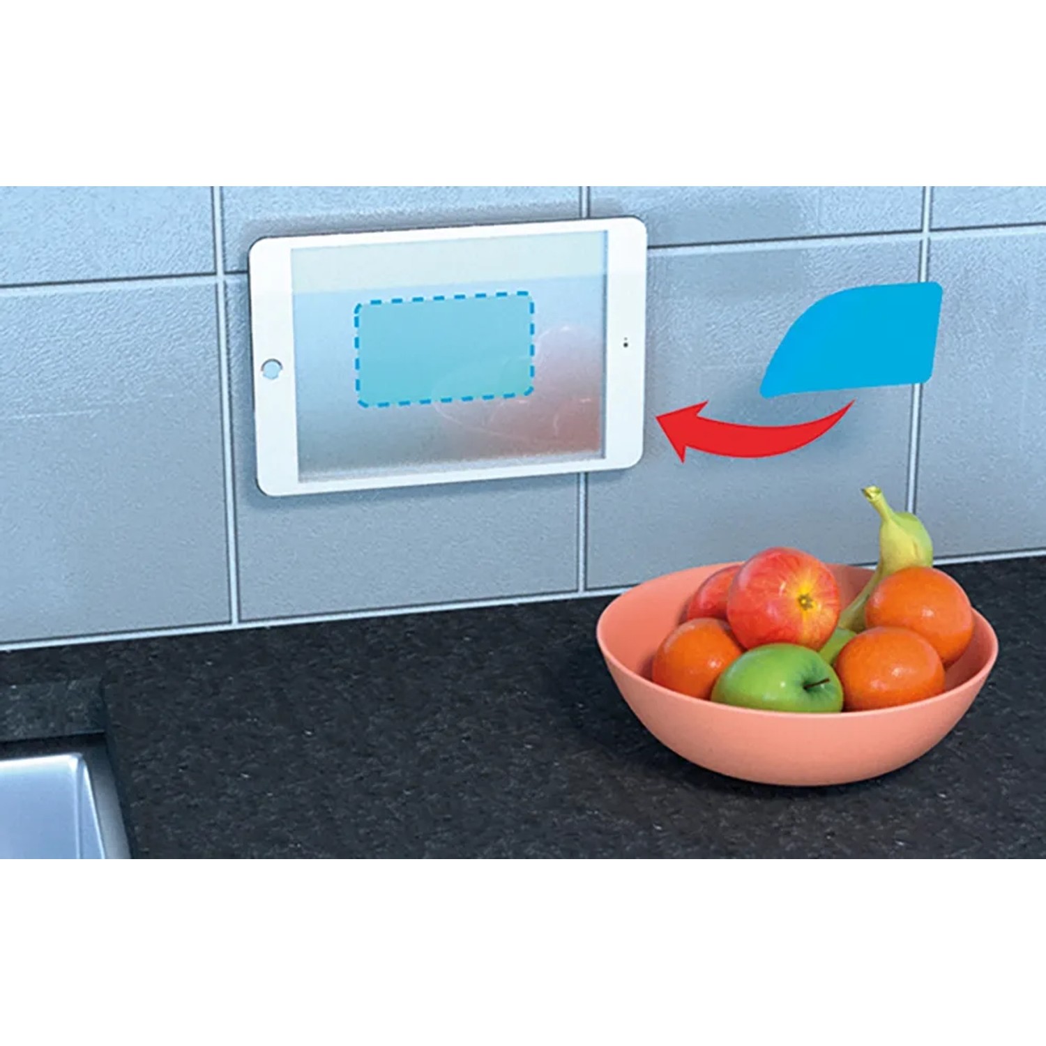 fischer Vakuum Pads: Tablet an Fliese befestigt, Obstschale im Vordergrund. Klebepads für flexible Befestigung.