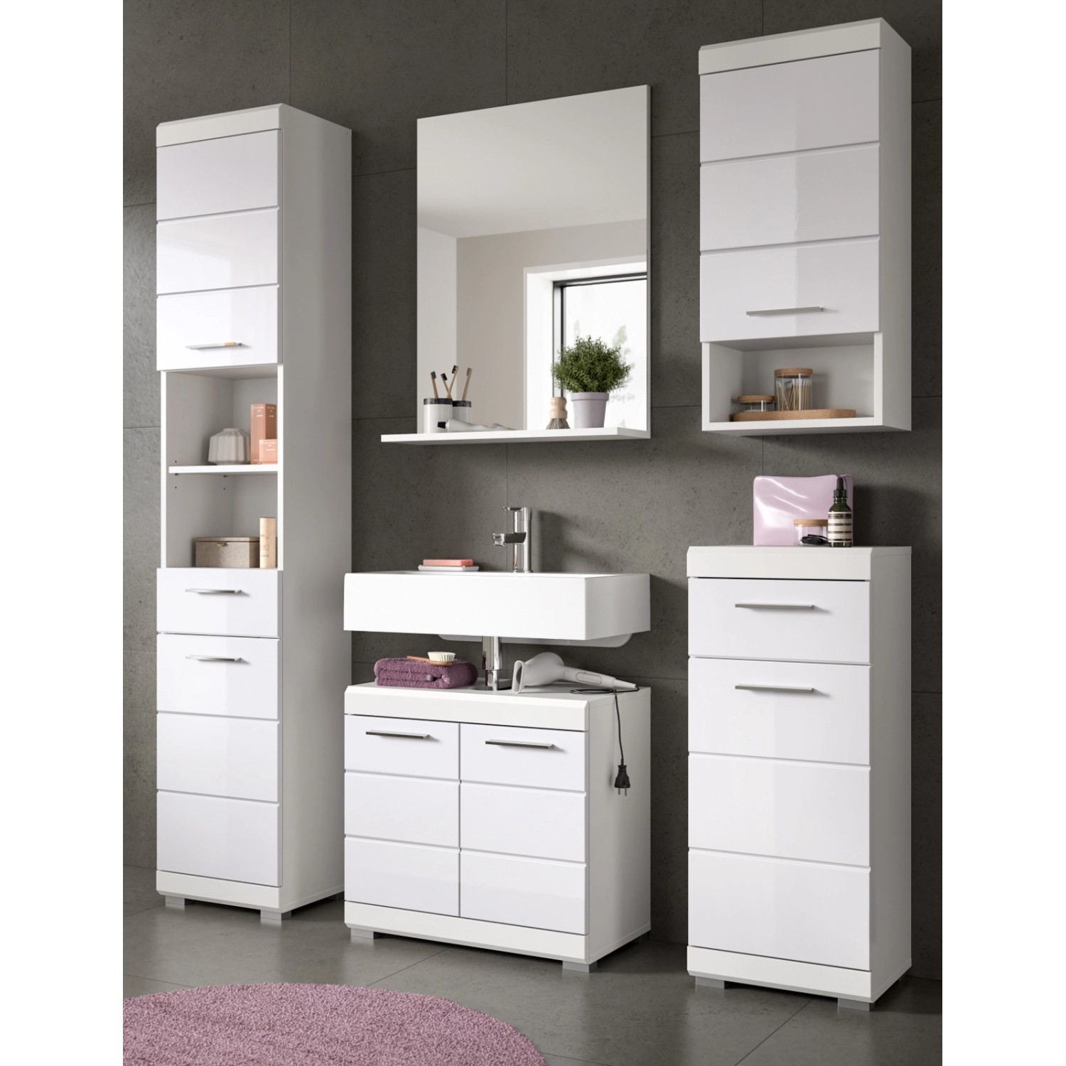 Inn.Furn Badmöbel Set 5-teilig in Weiß Hochglanz 164 cm Shawn günstig online kaufen