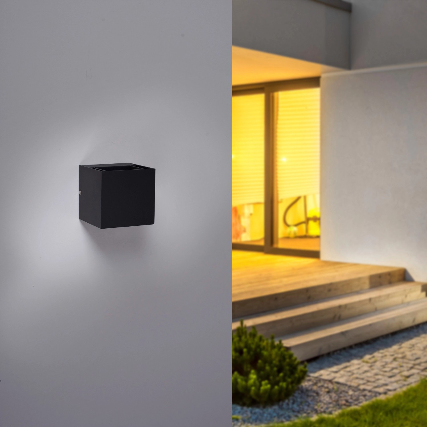 Anthrazitfarbene Paul Neuhaus LED Wandleuchte Block für den Außenbereich, Lichtkegel einstellbar.