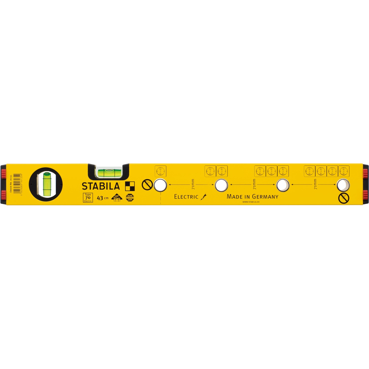 Gelbe Stabila Wasserwaage Type 70 Electric, 43 cm, für Elektroinstallationen. Präzises Messwerkzeug.