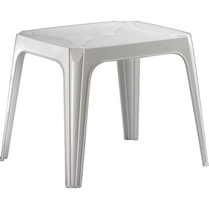 Weißer Kindertisch aus robustem Kunststoff, stapelbar und wetterfest.