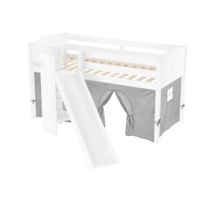Erst-Holz Schönes Spielbett für Kinder mit Rutsche 90 x 200 cm Kiefer Weiß Modell 21 mit Vorhang grau