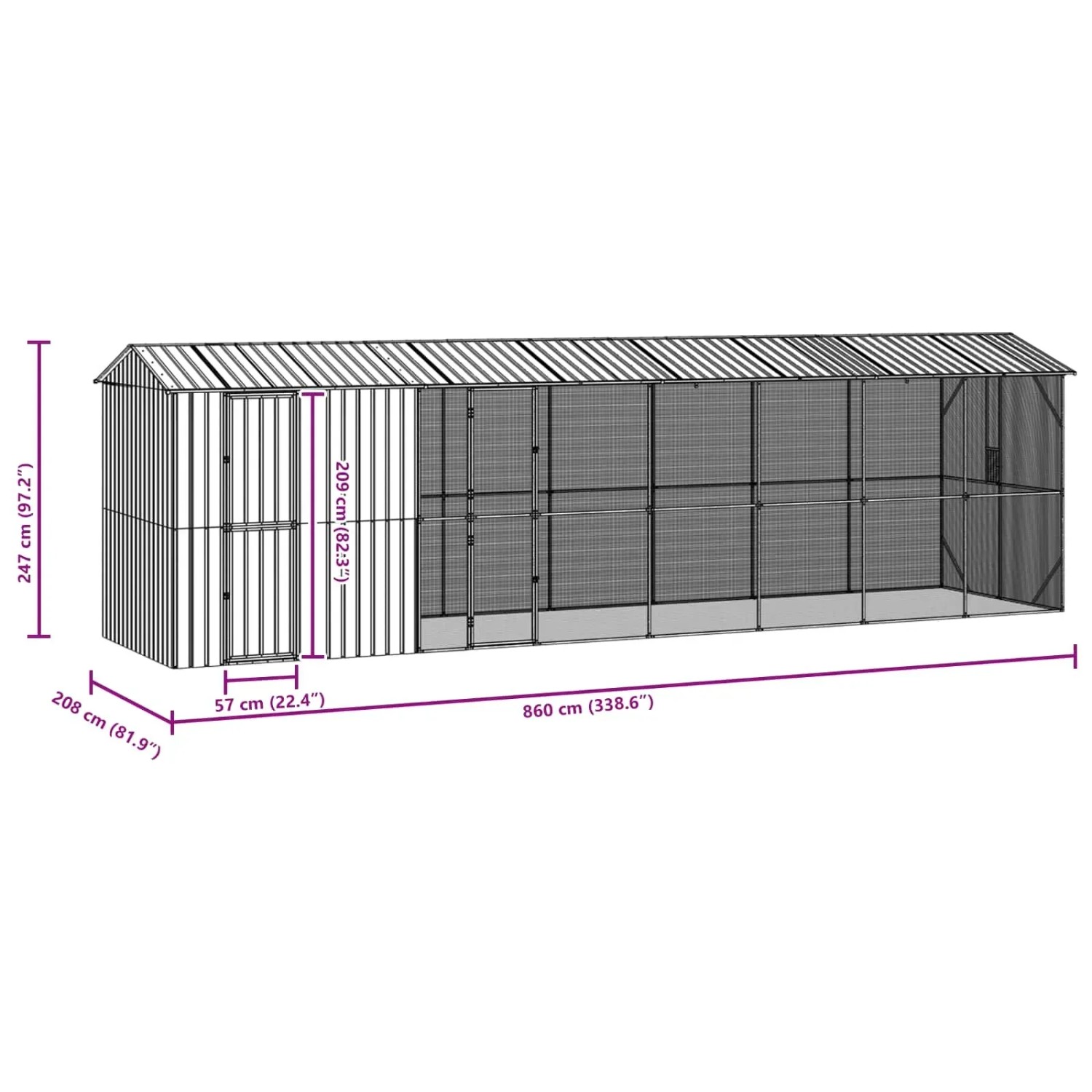 vidaXL Vogelkäfig Anthrazit 860 x 208 x 247 cm Verzinkter Stahl 3325155_9