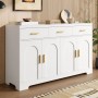 Weißes Merax Sideboard mit 4 Türen, Bogenrelief, 3 Schubladen und goldenen Griffen. Moderner Wohnzimmerschrank aus MDF.