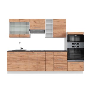 Vicco Fame-Line Küchenzeile in Goldkraft Eiche/Weiß mit anthrazitfarbener Arbeitsplatte, 280 cm breit.