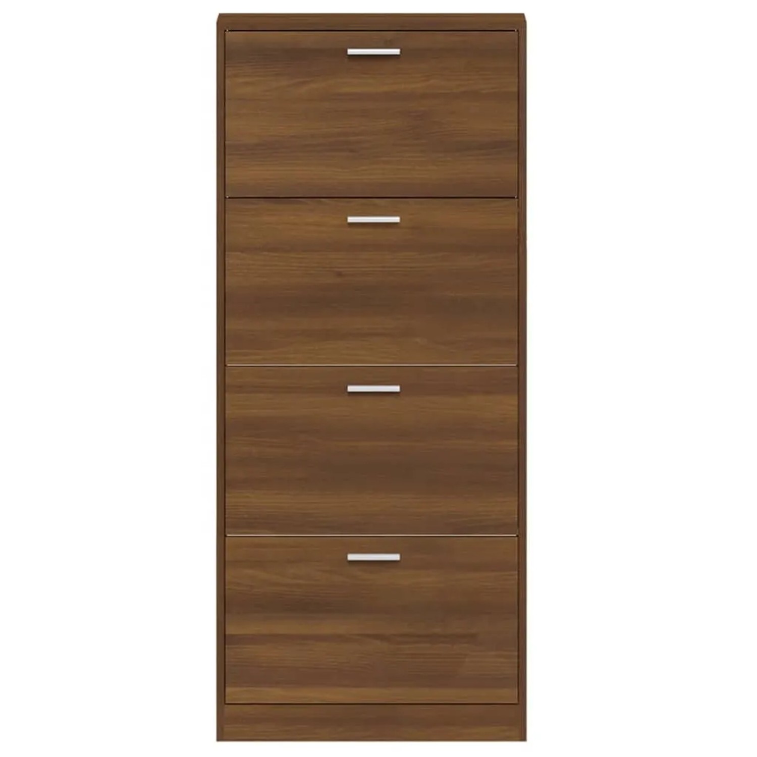 vidaXL Schuhschrank in Braun Eichen-Optik mit vier Klappen und silbernen Griffen.