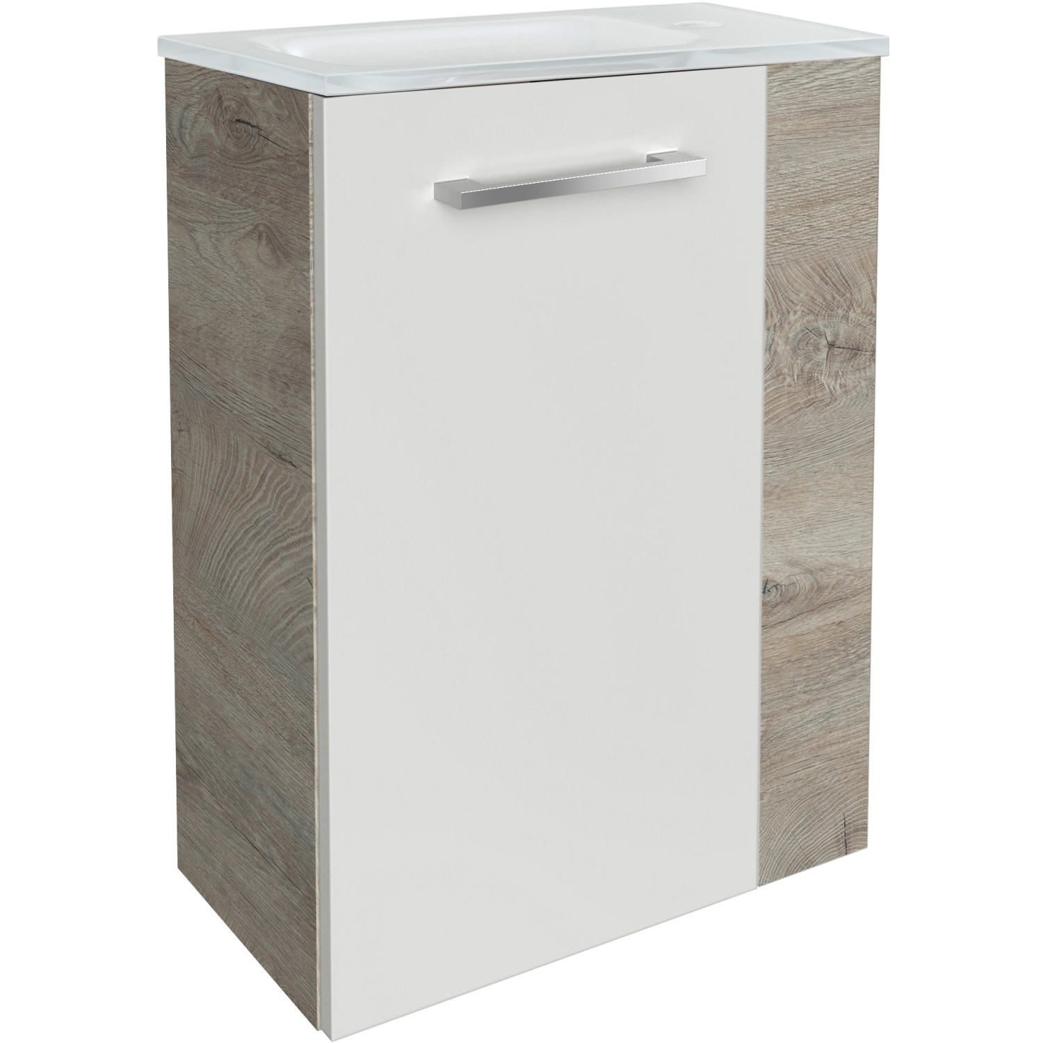 Fackelmann Waschbeckenunterschrank SBC Eiche Natur, 44 cm breit, mit weißer Front und Griff.
