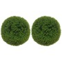 Zwei grüne, künstliche Buchsbaumkugeln aus Kunststoff, je 40 cm Durchmesser, als Dekoration für Haus & Garten.