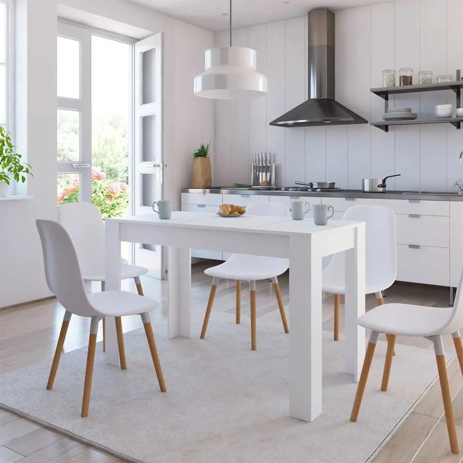 Weißer vidaXL Esstisch (120x60x76 cm) aus Holzwerkstoff in moderner Küche mit Stühlen. Schlichtes Design.
