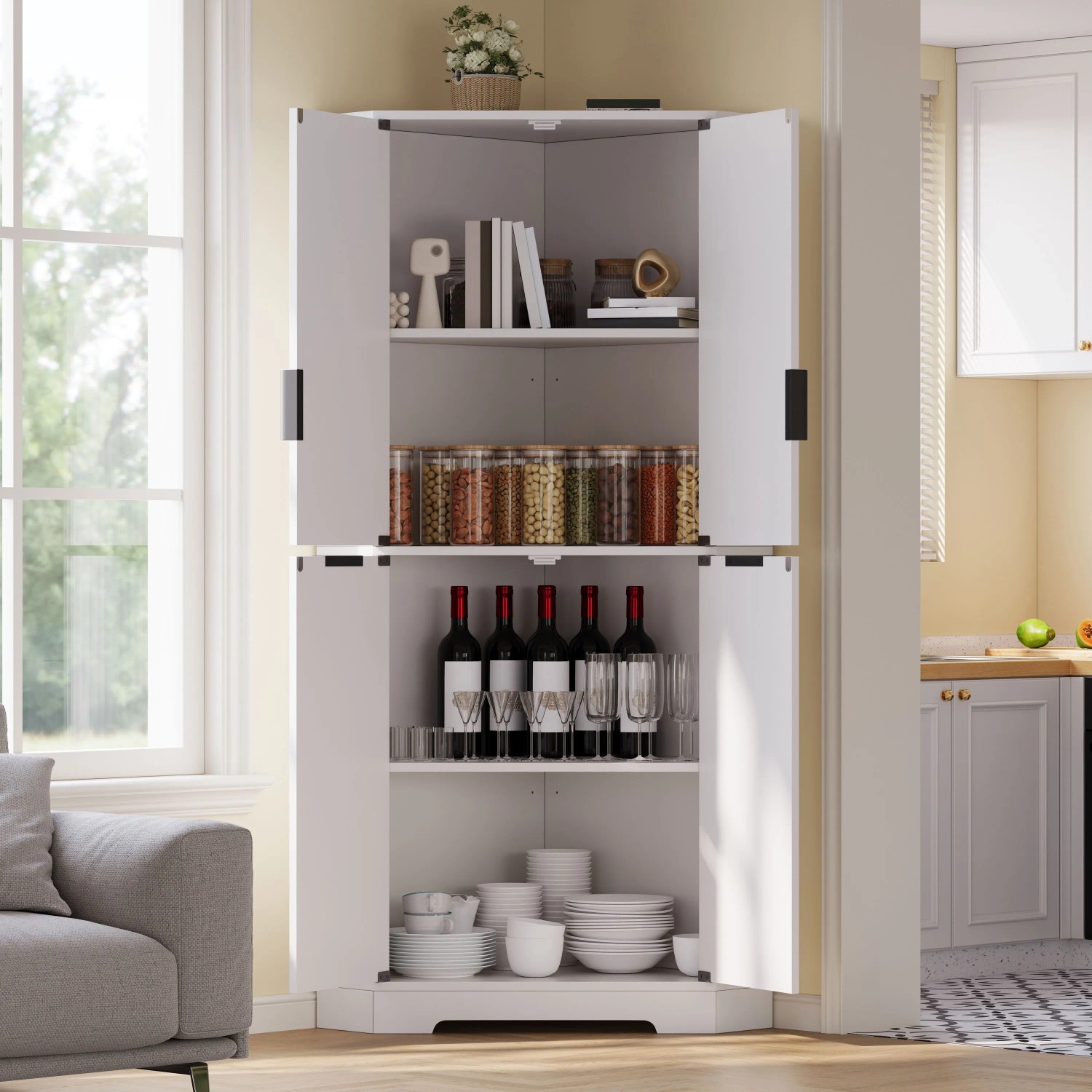 Merax Eckschrank 60x60x172 cm 4 Türen Verstellbare Einlegeböden_3