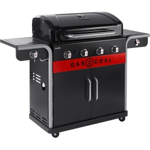 Char-Broil Gas2Coal 2.0 440 Hybridgrill mit 4 Brennern und Seitenbrenner.