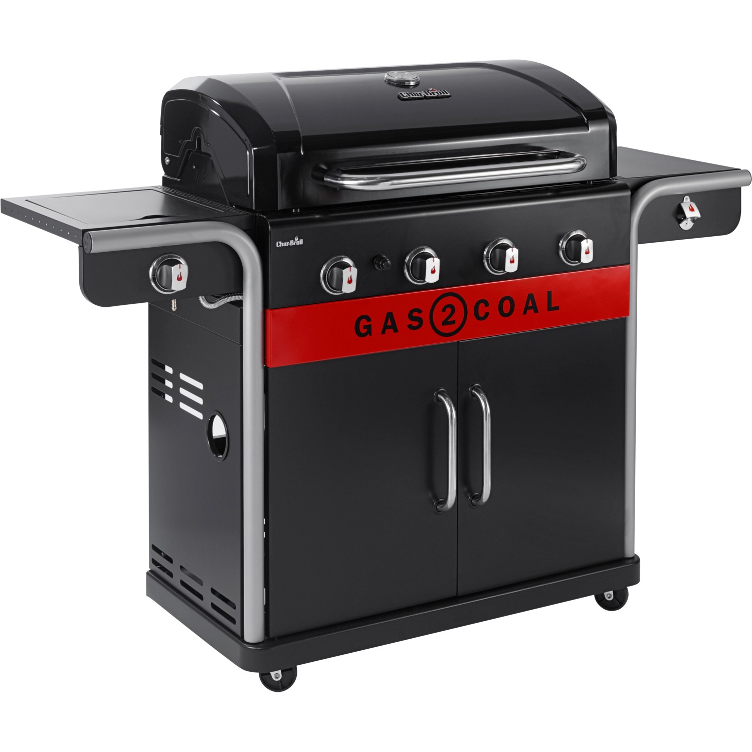 Char-Broil Gas2Coal 2.0 440 Hybridgrill mit 4 Brennern und Seitenbrenner.