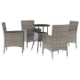 Graues 5-tlg. Garten-Bistro-Set aus Polyrattan mit Tisch und Stühlen inklusive Kissen.