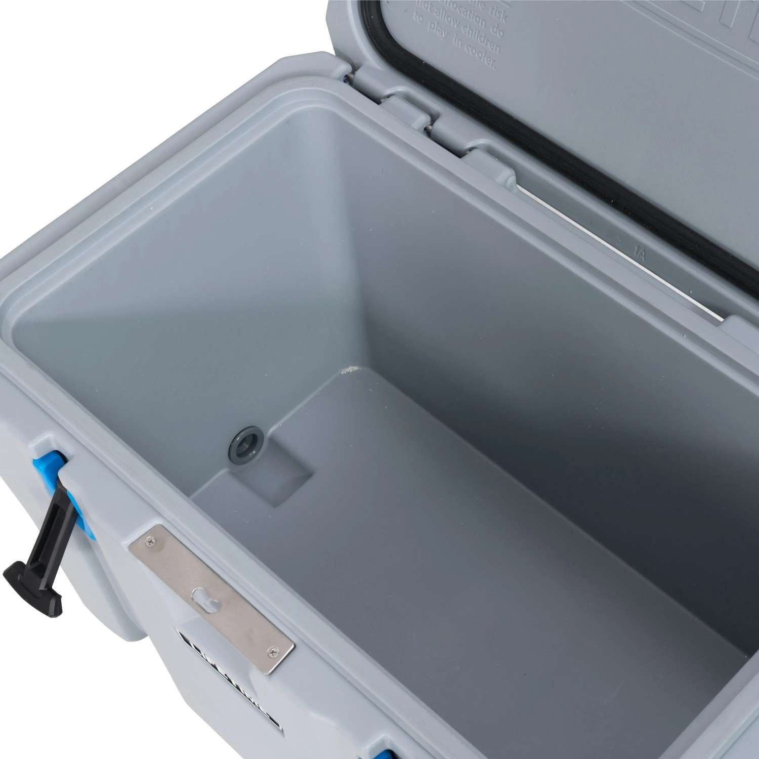 Geöffnete graue Lifetime Kühlbox Premium, 73 Liter Campingbox mit Tragegriffen.