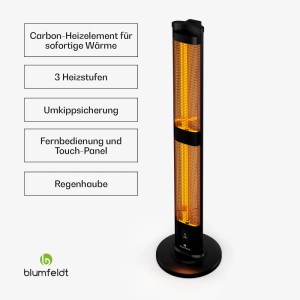 Schwarzer Blumfeldt BlazeTower Standheizer mit 3000W für den Außenbereich.
