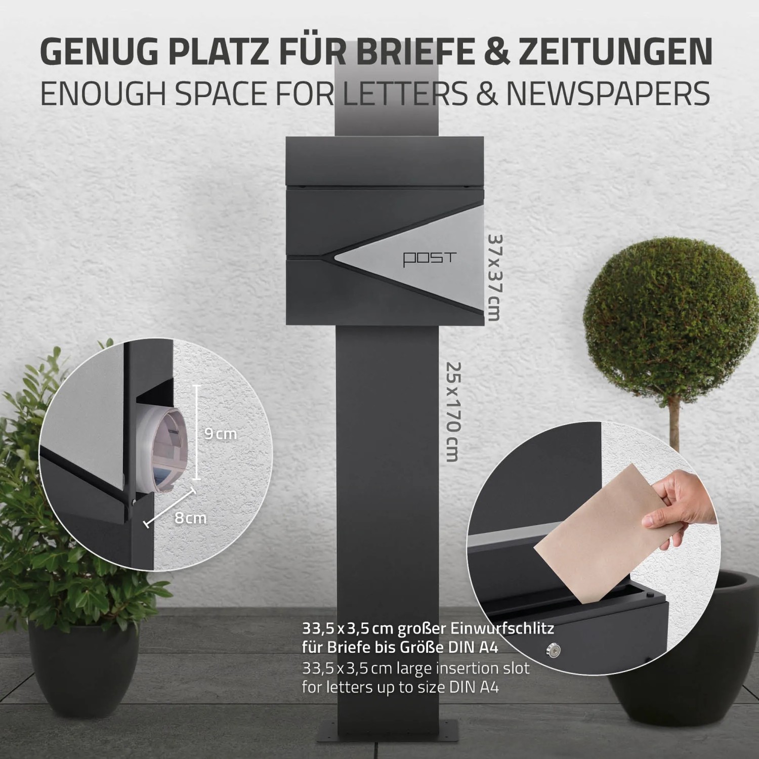 Moderner ML-Design Standbriefkasten in Anthrazit-Silber mit Zeitungsfach und anthrazitfarbenem Pfosten.