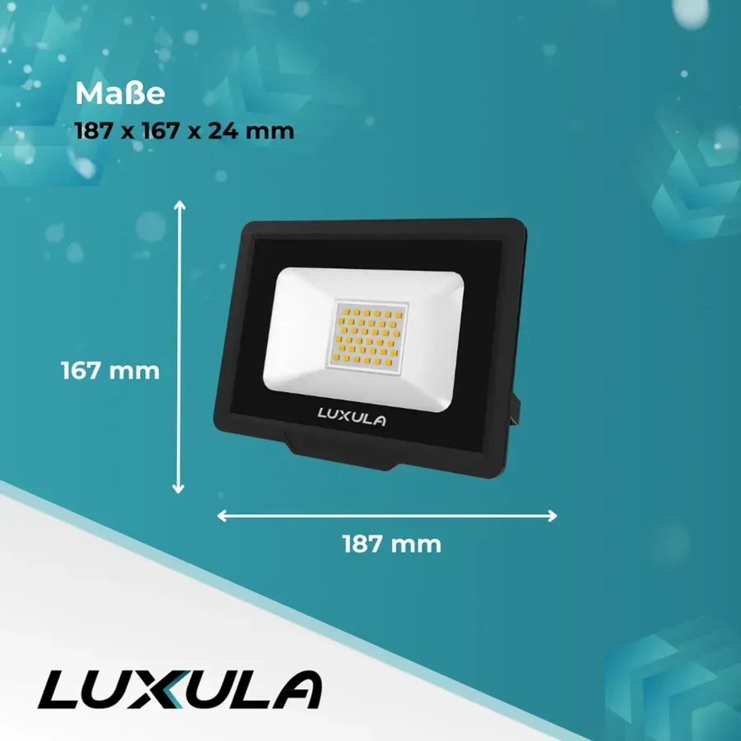 LUXULA LED Fluter 30W, Außenstrahler in Schwarz mit Maßangaben 187x167x24mm.