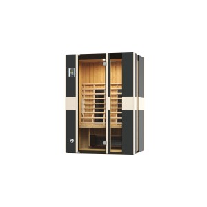 Weka Infrarotkabine Mila 2 mit Linienstrahler, anthrazitfarbene Kabine mit Glastür und Holzinnenausstattung.