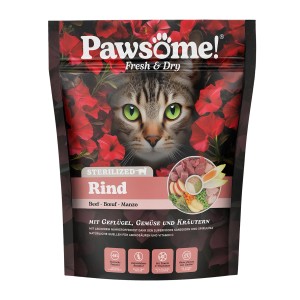 Pawsome Katzen-Trockenfutter Fresh & Dry Sterilised Rind, 750g Packung mit Katzenmotiv und Rindfleisch.