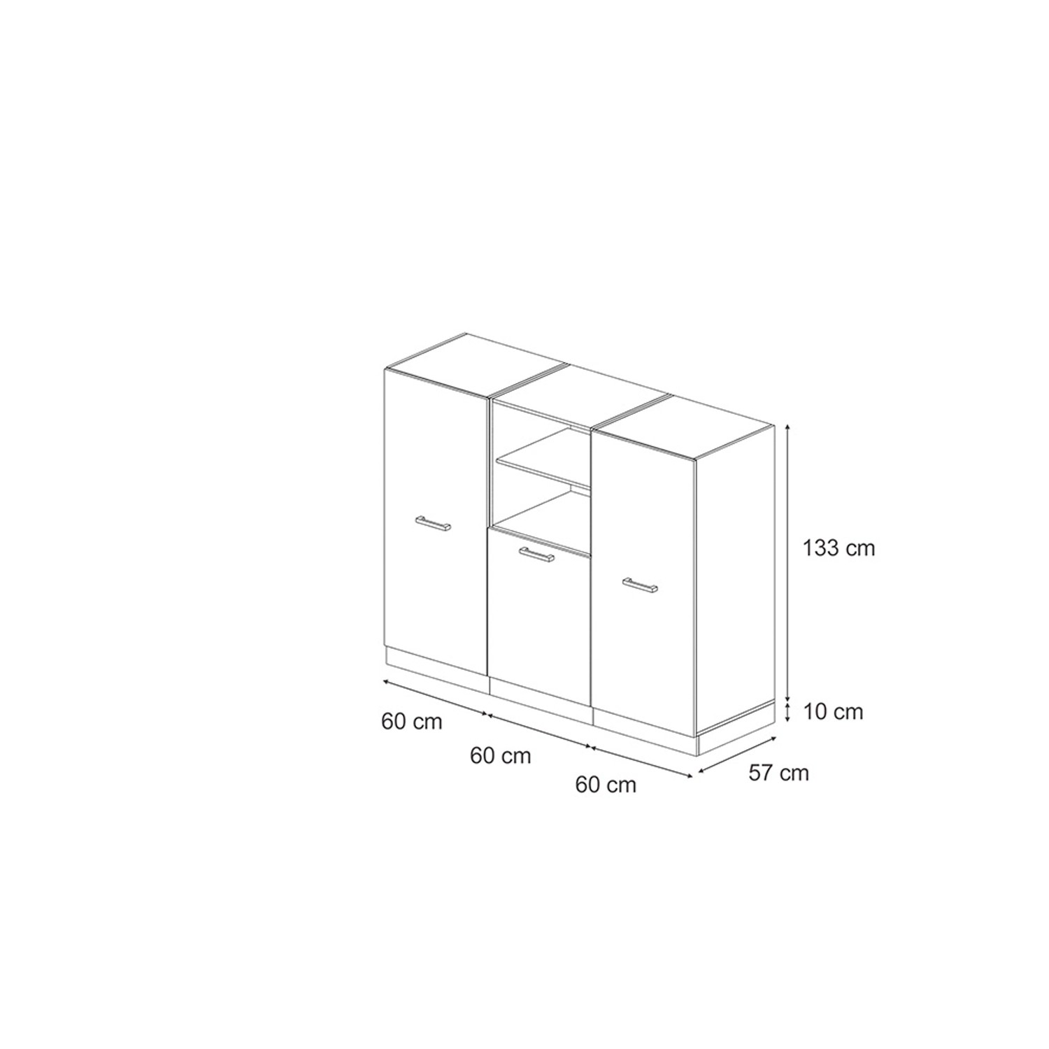 Skizze des Vicco R-Line Küchenblocks 180 cm in Schwarz Hochglanz/Anthrazit ohne Arbeitsplatte.
