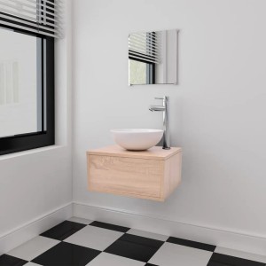 vidaXL 4-Tlg Badmöbel-Set mit Waschbecken und Wasserhahn Beige 273686