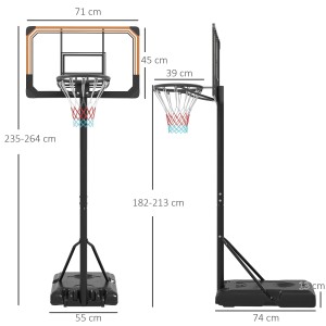 Schwarzer SPORTNOW Basketballkorb aus Stahl, höhenverstellbar von 235 bis 264 cm, mit Maßen.
