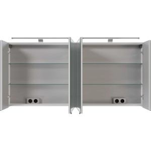 Pelipal Quantum 05 Spiegelschrank, 150 cm, Weiß Hochglanz, mit offenen Türen und Glasböden.