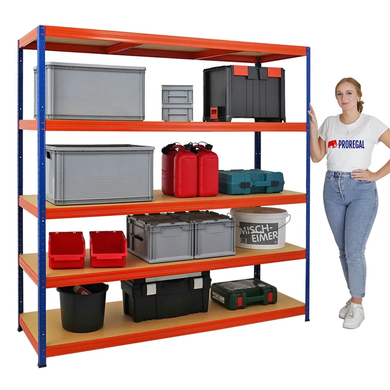 Blau-oranges PROREGAL Schwerlastregal Giant Elephant 180x180x60cm mit 5 Böden und diversen Gegenständen.
