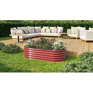 Rotes Vitavia Hochbeet Vita Basic Rubin, 82x162x40cm, bepflanzt im Garten.