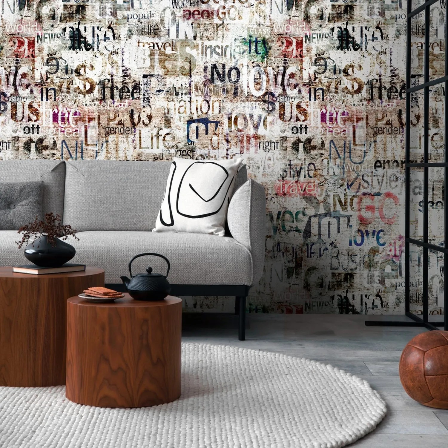 Fototapete Profhome mit grafischem Muster in Grau, Beige, Rot und Blau. Vliestapete für Wohnräume.